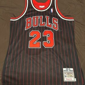 Mitchell & Ness Bulls Black and Red Pinstripe Jersey